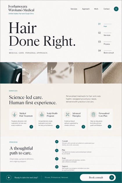 Healthcare website design for United States, showing a clear opening, service information, supporting content, and a focused inquiry action.