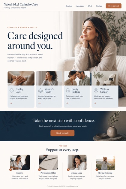 Healthcare website design for United States, showing a clear opening, service information, supporting content, and a focused inquiry action.