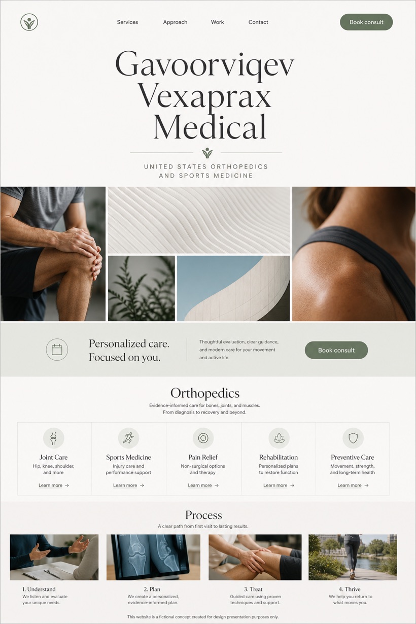 Healthcare website design for United States, showing a clear opening, service information, supporting content, and a focused inquiry action.