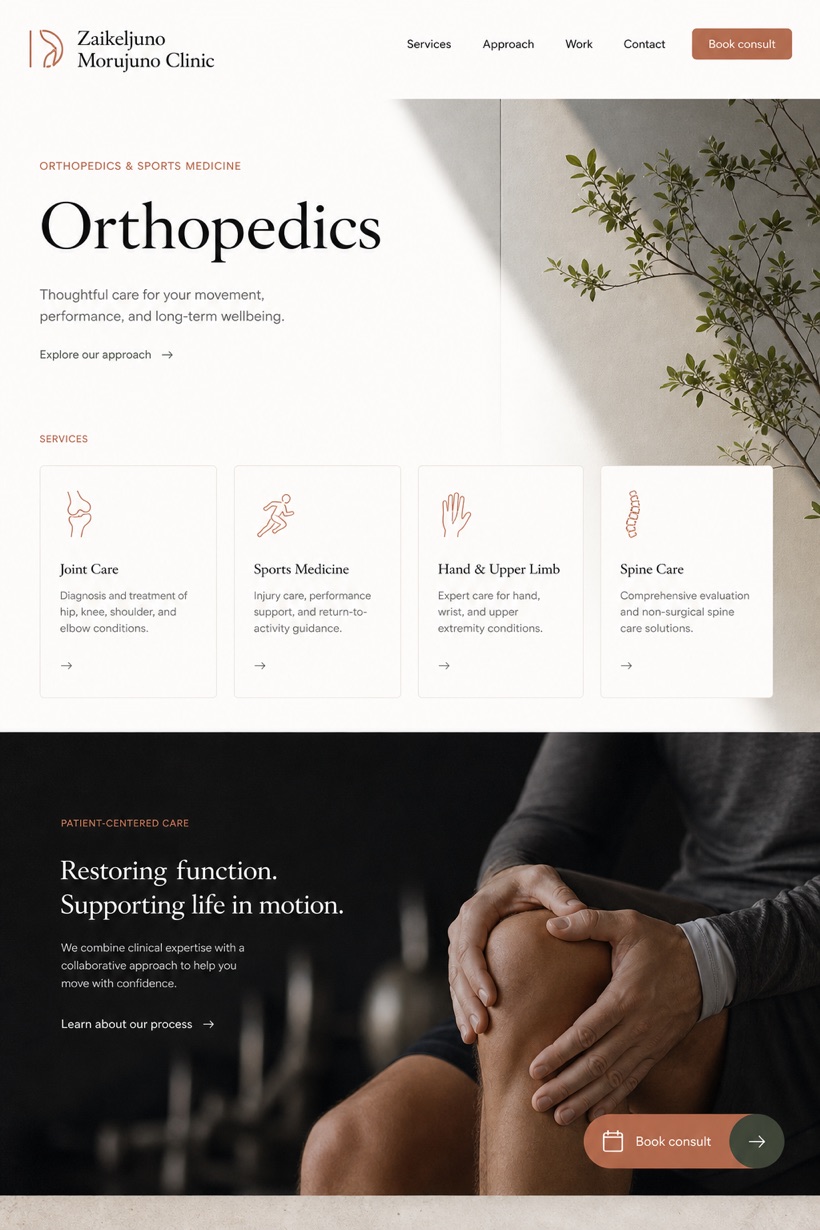 Healthcare website design for United States, showing a clear opening, service information, supporting content, and a focused inquiry action.