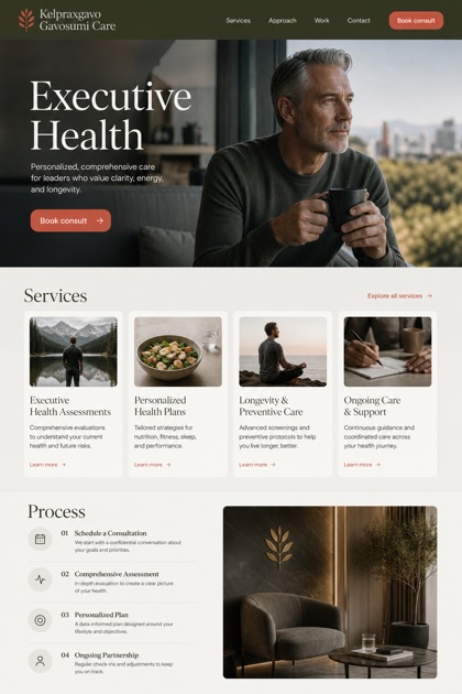 Healthcare website design for United States, showing a clear opening, service information, supporting content, and a focused inquiry action.