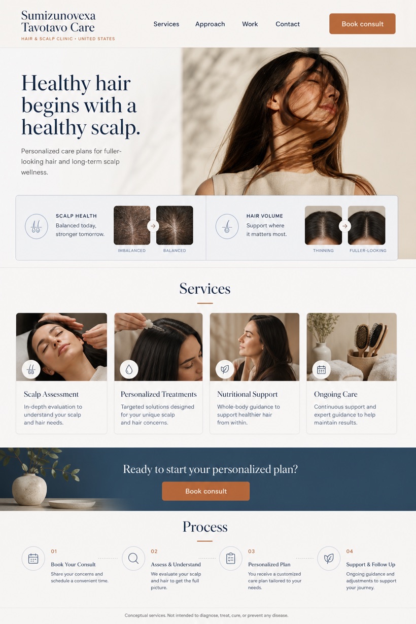 Healthcare website design for United States, showing a clear opening, service information, supporting content, and a focused inquiry action.