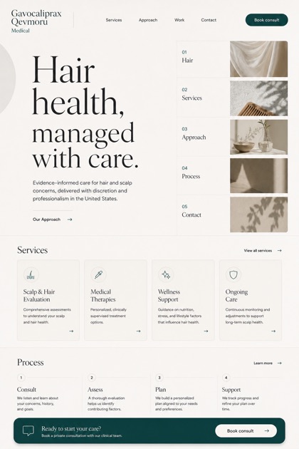 Healthcare website design for United States, showing a clear opening, service information, supporting content, and a focused inquiry action.
