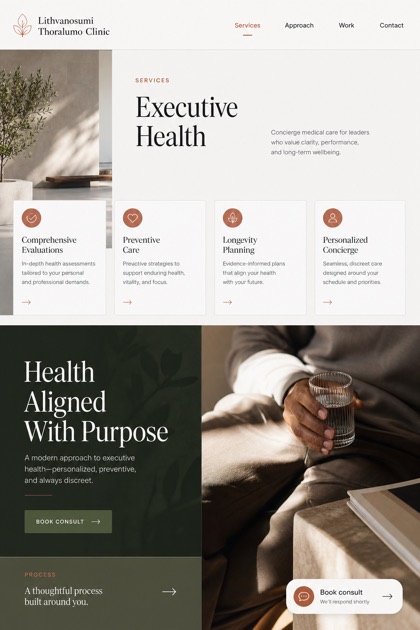 Healthcare website design for United States, showing a clear opening, service information, supporting content, and a focused inquiry action.