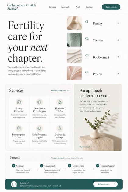Healthcare website design for United States, showing a clear opening, service information, supporting content, and a focused inquiry action.