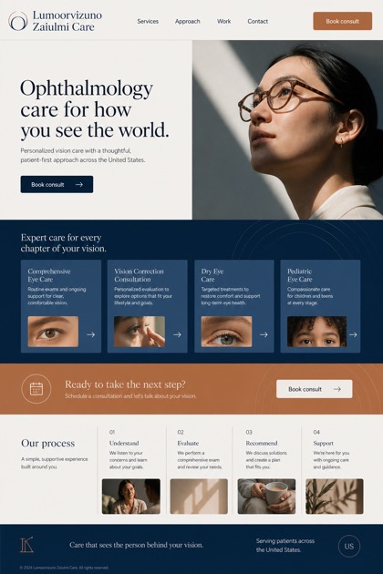 Healthcare website design for United States, showing a clear opening, service information, supporting content, and a focused inquiry action.
