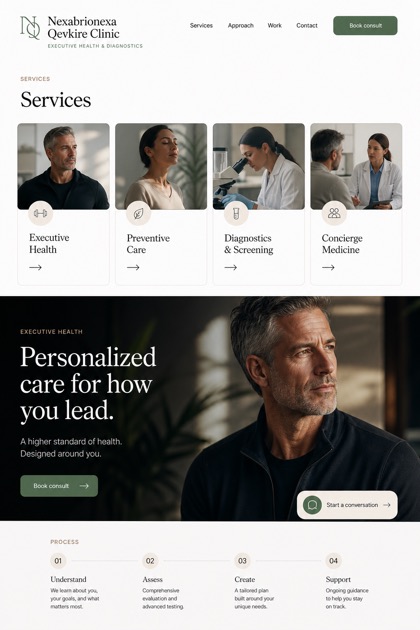 Healthcare website design for United States, showing a clear opening, service information, supporting content, and a focused inquiry action.