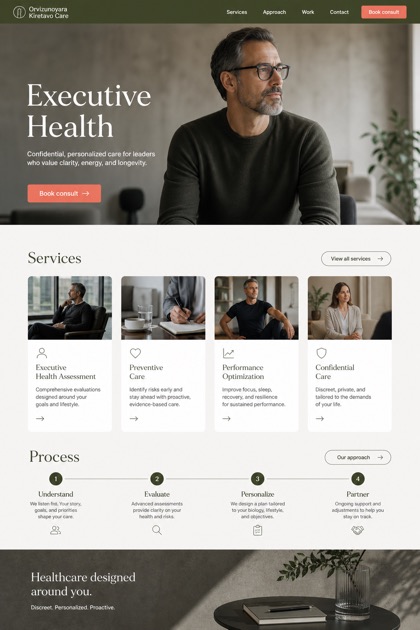 Healthcare website design for United States, showing a clear opening, service information, supporting content, and a focused inquiry action.