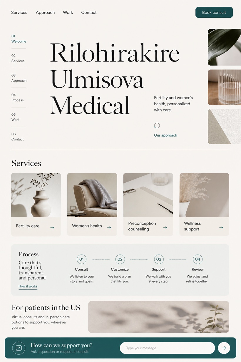 Healthcare website design for United States, showing a clear opening, service information, supporting content, and a focused inquiry action.