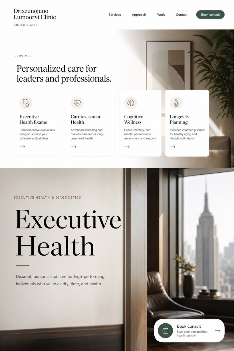 Healthcare website design for United States, showing a clear opening, service information, supporting content, and a focused inquiry action.