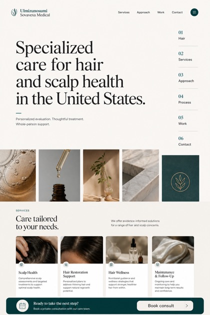 Healthcare website design for United States, showing a clear opening, service information, supporting content, and a focused inquiry action.