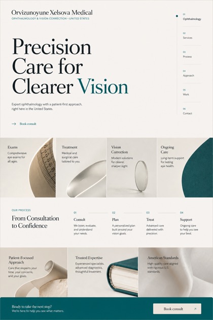Healthcare website design for United States, showing a clear opening, service information, supporting content, and a focused inquiry action.