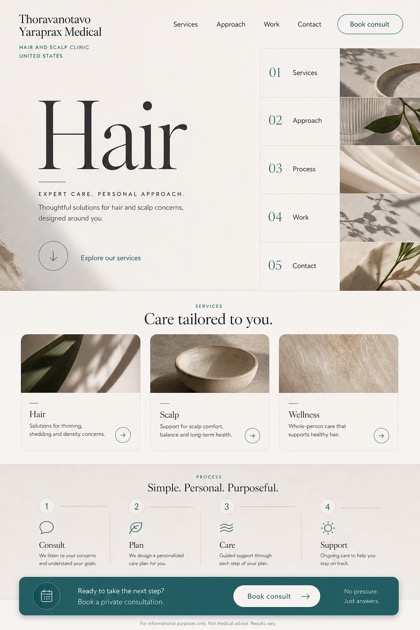Healthcare website design for United States, showing a clear opening, service information, supporting content, and a focused inquiry action.