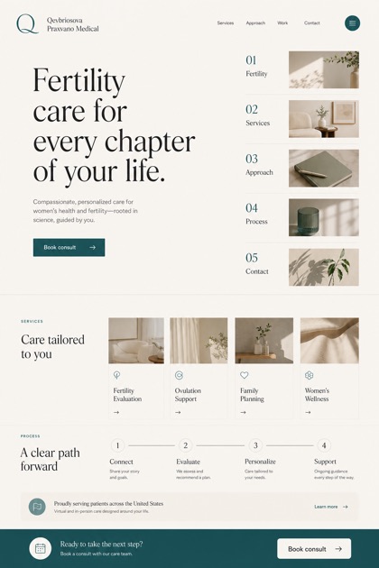 Healthcare website design for United States, showing a clear opening, service information, supporting content, and a focused inquiry action.