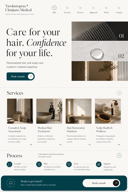 Healthcare website design for United States, showing a clear opening, service information, supporting content, and a focused inquiry action.