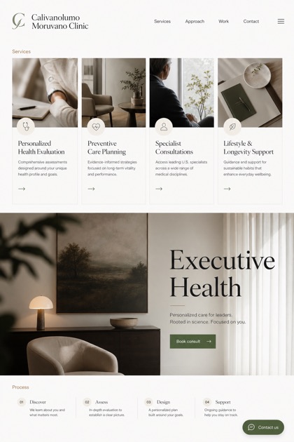 Healthcare website design for United States, showing a clear opening, service information, supporting content, and a focused inquiry action.