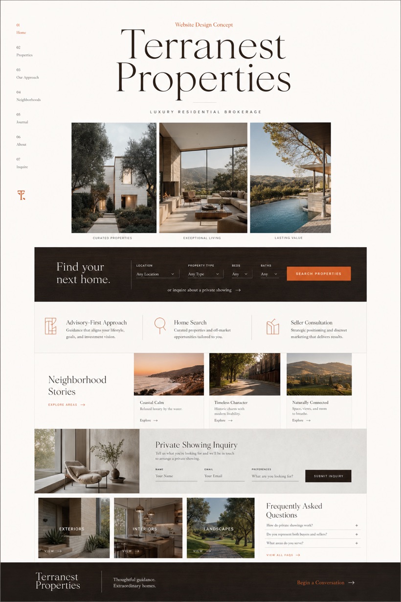 Fictional Terranest Properties website concept with centered editorial title, vertical index, generic search filters, neighborhood cards, private showing inquiry, and FAQ