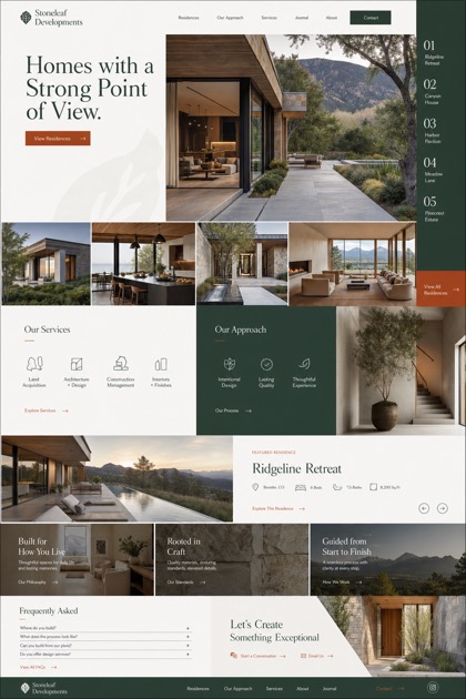 Fictional Stoneleaf Developments High-end residential development website design showcase with a complete 2:3 page layout, service sections, practical information, and contact action