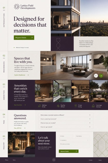 Fictional Lattice Field Developments Branded residences website design showcase in a 2:3 layout with service sections, FAQ, and inquiry action