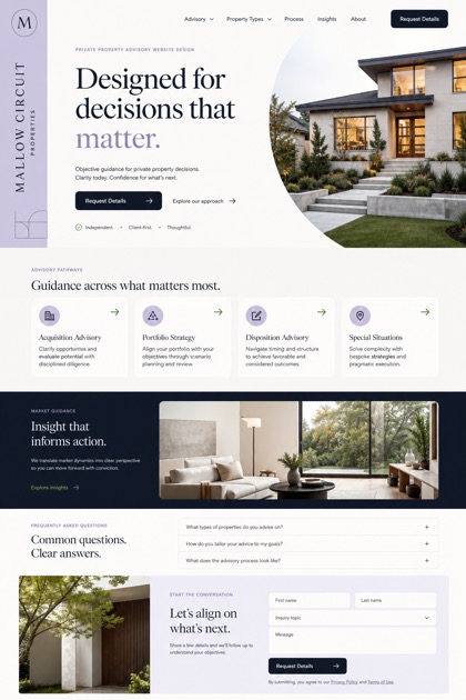 Fictional Mallow Circuit Properties Private property advisory website design showcase in a 2:3 layout with service sections, FAQ, and inquiry action
