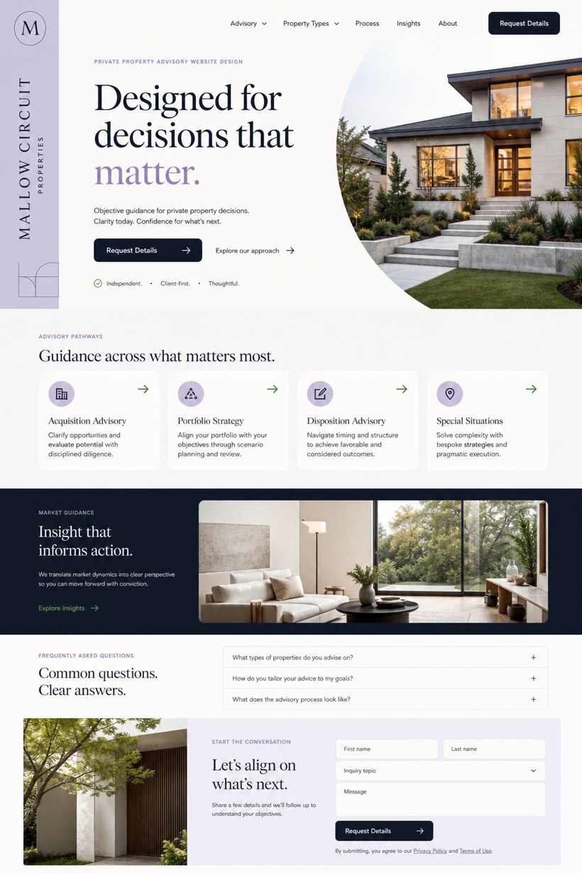 Fictional Mallow Circuit Properties Private property advisory website design showcase in a 2:3 layout with service sections, FAQ, and inquiry action