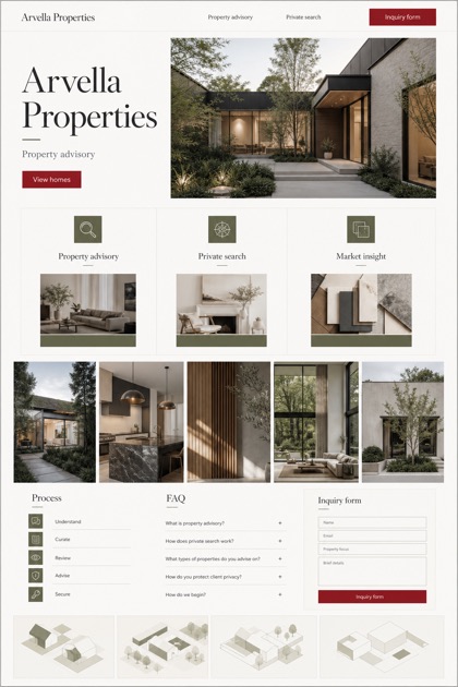 Property website design for United States, showing a clear opening, service information, supporting content, and a focused inquiry action.