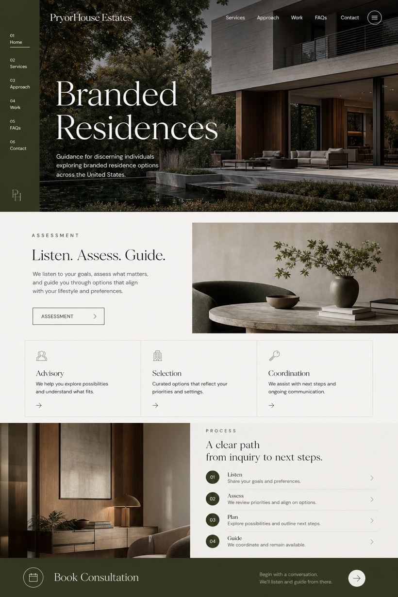 Property website design for United States, showing a clear opening, service information, supporting content, and a focused inquiry action.