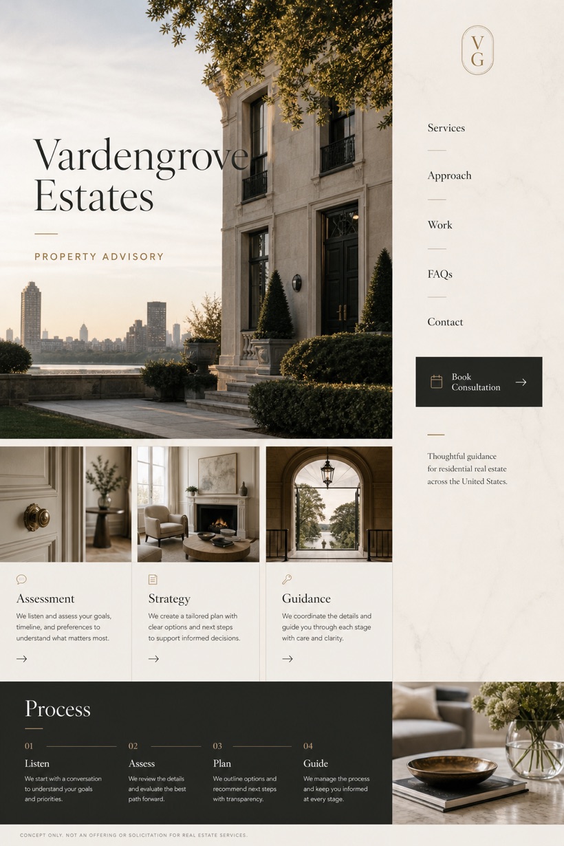Property website design for United States, showing a clear opening, service information, supporting content, and a focused inquiry action.