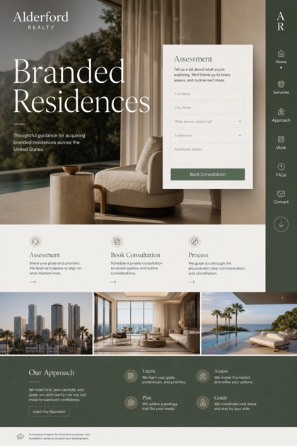 Property website design for United States, showing a clear opening, service information, supporting content, and a focused inquiry action.