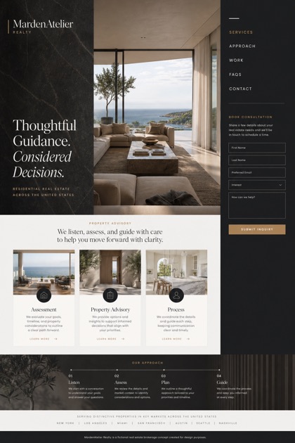 Property website design for United States, showing a clear opening, service information, supporting content, and a focused inquiry action.