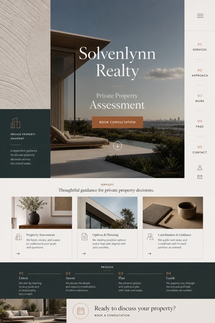 Property website design for United States, showing a clear opening, service information, supporting content, and a focused inquiry action.