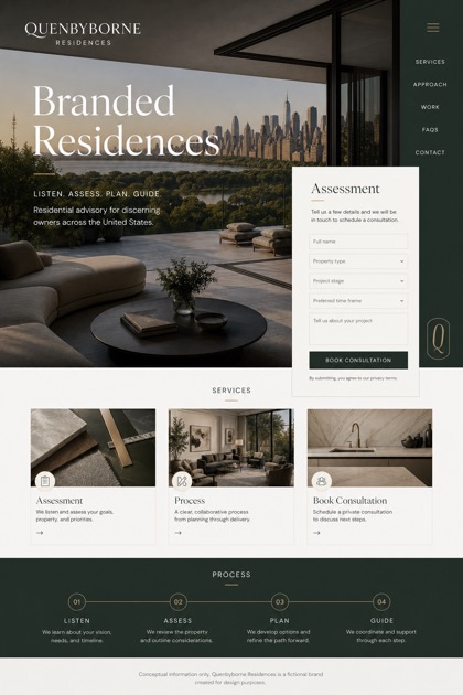 Property website design for United States, showing a clear opening, service information, supporting content, and a focused inquiry action.