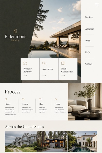 Property website design for United States, showing a clear opening, service information, supporting content, and a focused inquiry action.