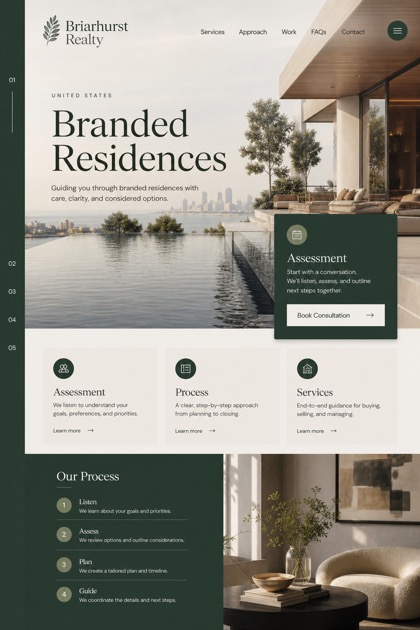 Property website design for United States, showing a clear opening, service information, supporting content, and a focused inquiry action.