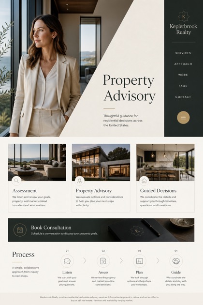 Property website design for United States, showing a clear opening, service information, supporting content, and a focused inquiry action.