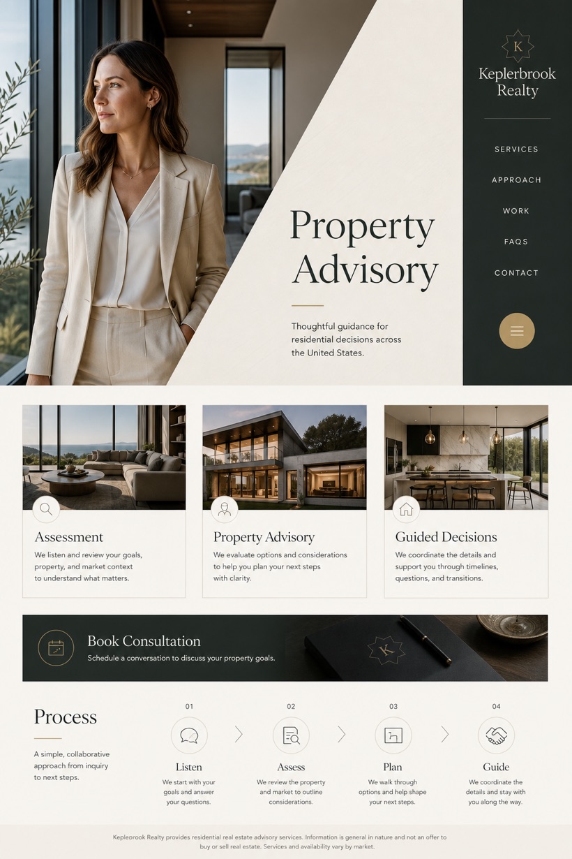 Property website design for United States, showing a clear opening, service information, supporting content, and a focused inquiry action.