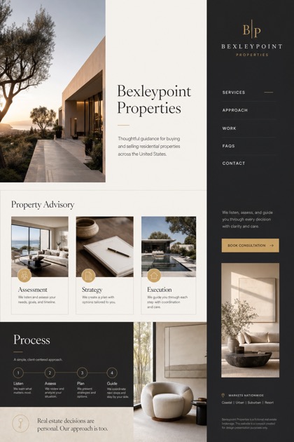 Property website design for United States, showing a clear opening, service information, supporting content, and a focused inquiry action.