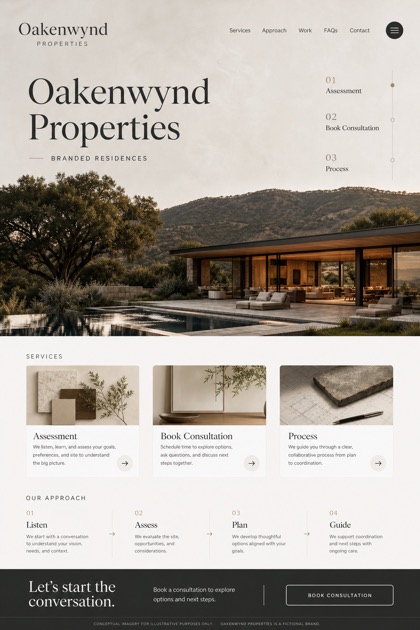 Property website design for United States, showing a clear opening, service information, supporting content, and a focused inquiry action.