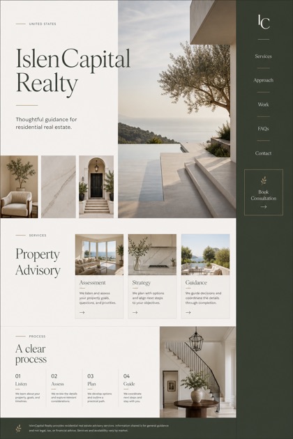 Property website design for United States, showing a clear opening, service information, supporting content, and a focused inquiry action.