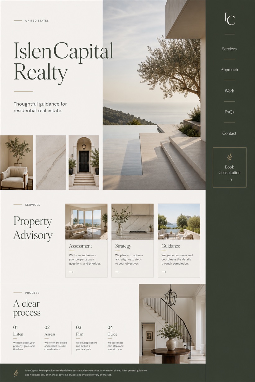 Property website design for United States, showing a clear opening, service information, supporting content, and a focused inquiry action.