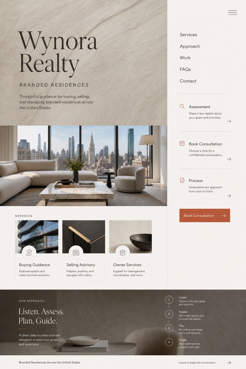 Property website design for United States, showing a clear opening, service information, supporting content, and a focused inquiry action.