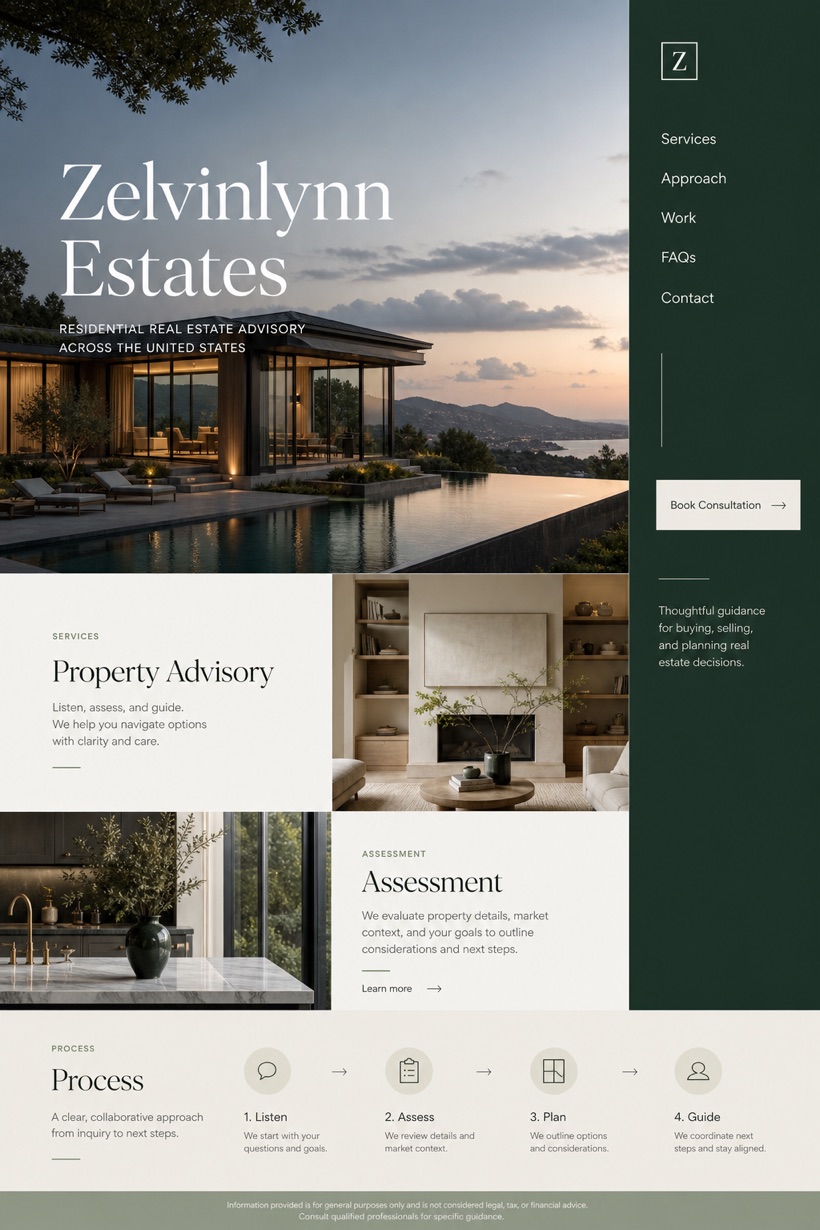Property website design for United States, showing a clear opening, service information, supporting content, and a focused inquiry action.