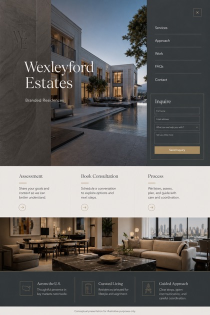 Property website design for United States, showing a clear opening, service information, supporting content, and a focused inquiry action.