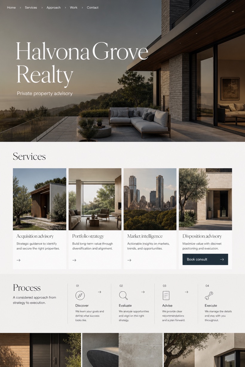 Property website design for United States, showing a clear opening, service information, supporting content, and a focused inquiry action.