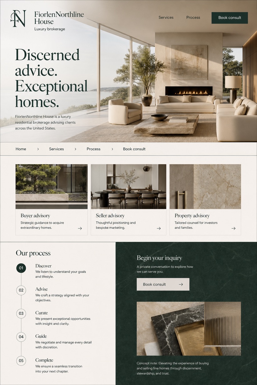 Property website design for United States, showing a clear opening, service information, supporting content, and a focused inquiry action.