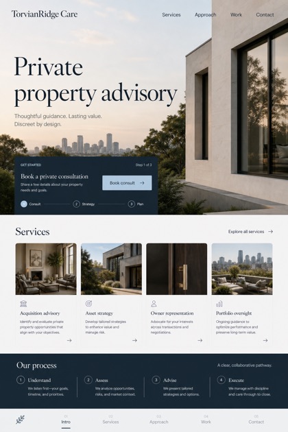 Property website design for United States, showing a clear opening, service information, supporting content, and a focused inquiry action.