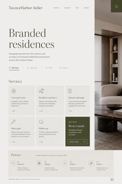 Property website design for United States, showing a clear opening, service information, supporting content, and a focused inquiry action.