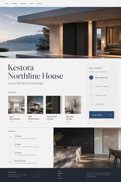 Property website design for United States, showing a clear opening, service information, supporting content, and a focused inquiry action.