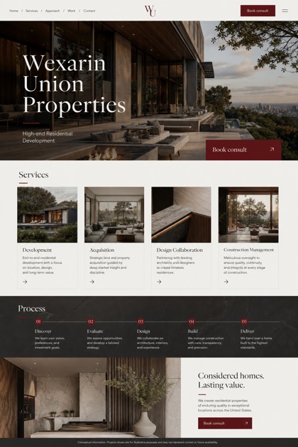 Property website design for United States, showing a clear opening, service information, supporting content, and a focused inquiry action.