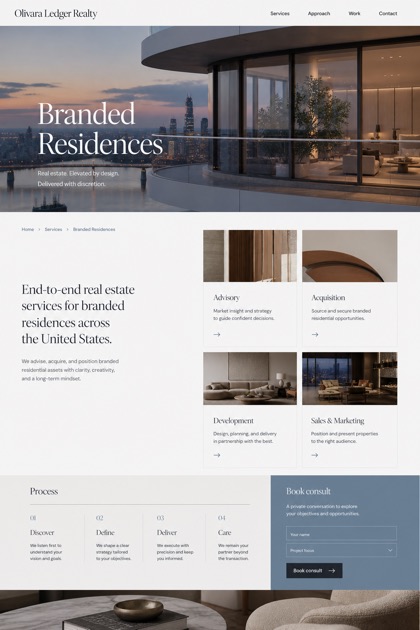 Property website design for United States, showing a clear opening, service information, supporting content, and a focused inquiry action.